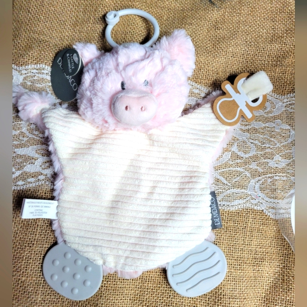 Demdaco plush pig teether buddy, also pacifier holder-pink